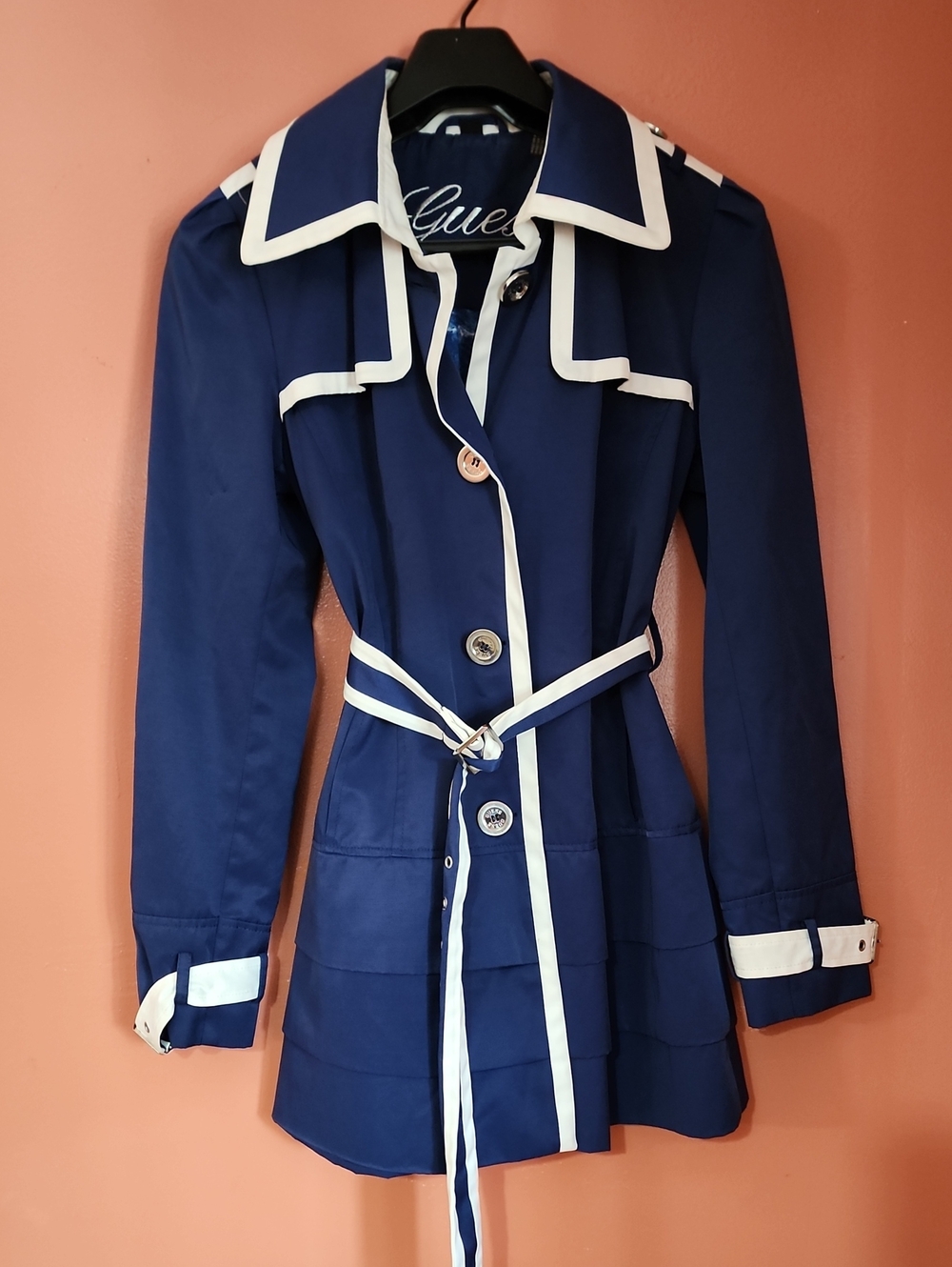Guess Navy Trench Coat with White Trim and Belt